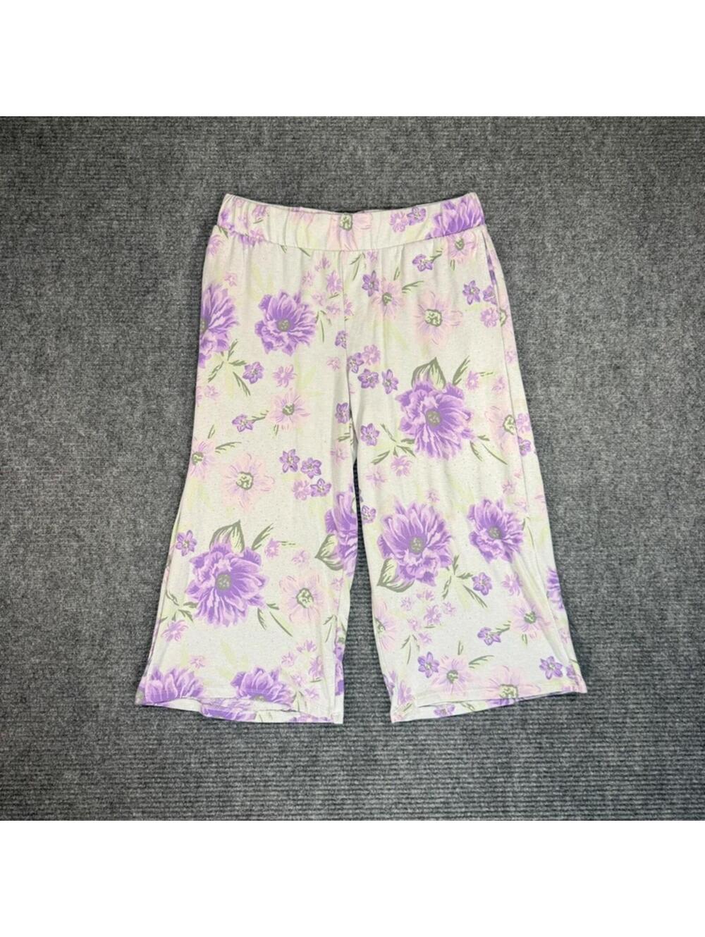 Womens White Purple Floral Cropped Elastic Waist Pants Size XL